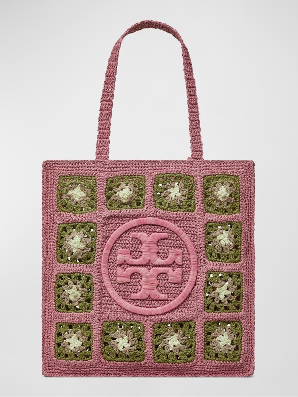 Rare TORY BURCH Large Ella Crochet Floral Pink Green Tote Bag India Beach Summer